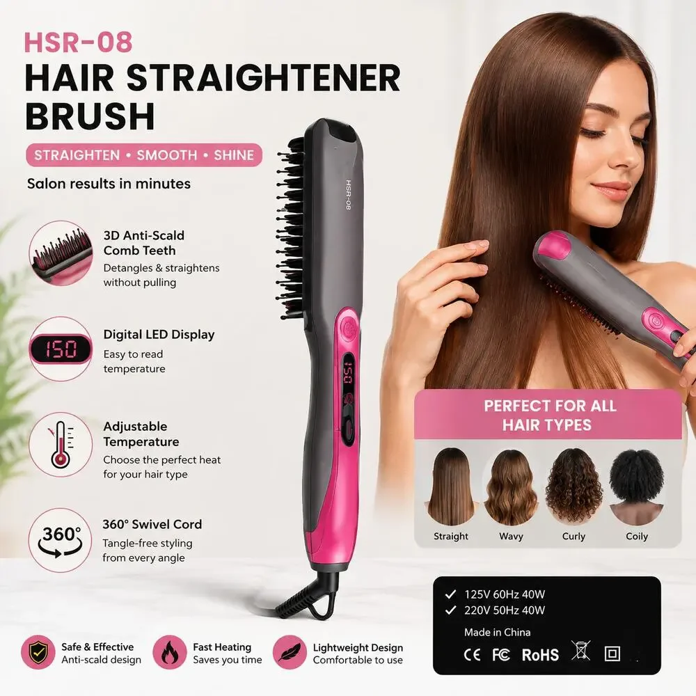 HSR-08 Hair Straightener Brush with LCD Temperature Display- Gray/Pink